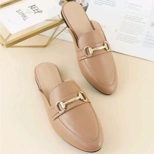 Round Toe Flat Mule with Metal Accent